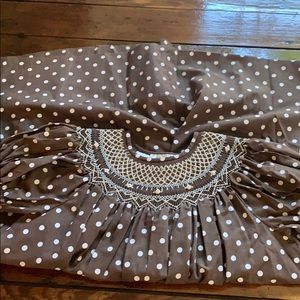 Smocked polkadotted white and brown church dress.